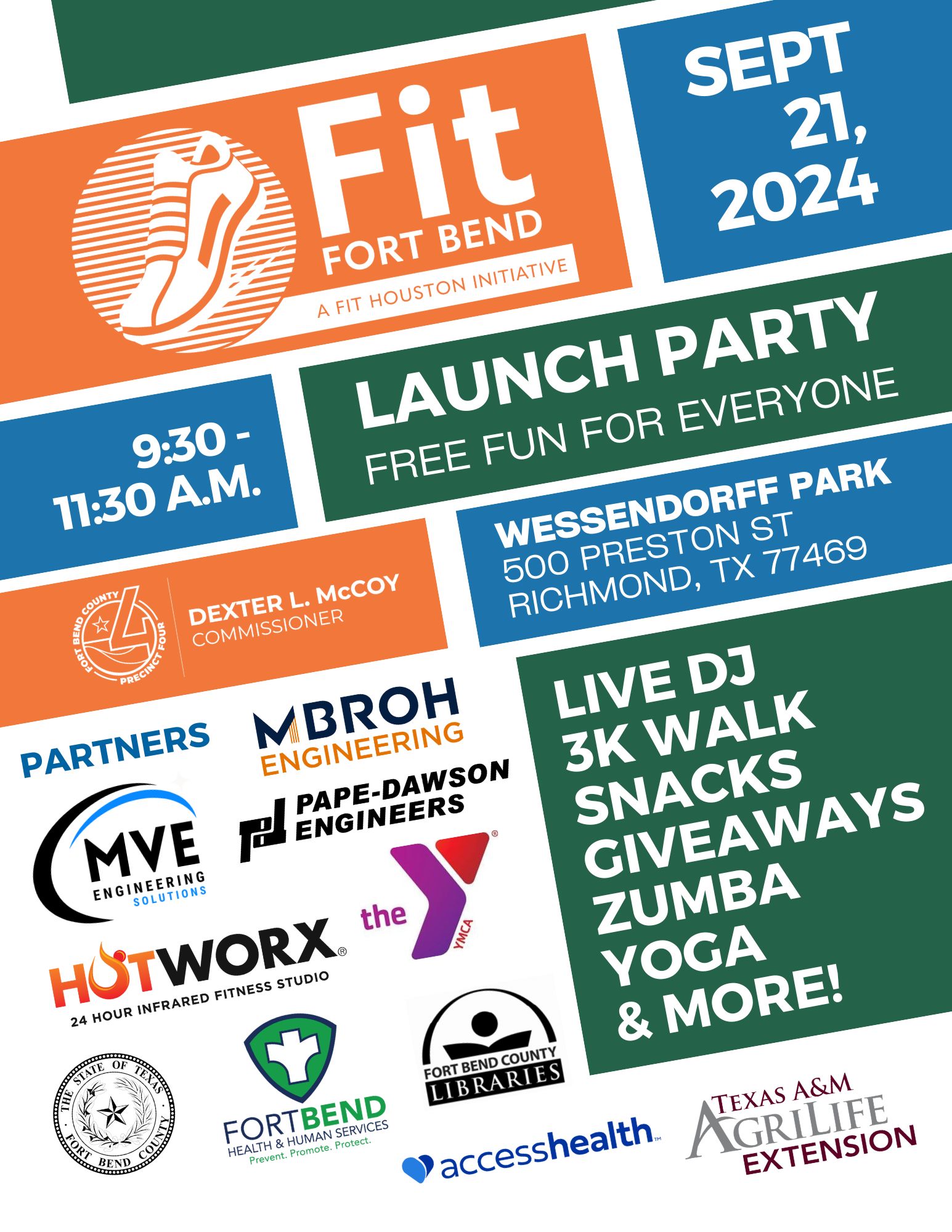 Fit Fort Bend Launch Party Flyer with sponsors and event details (9:30-11:30 a.m. on May 18, 2024 at Wessendorff Park in Richmond, Texas)