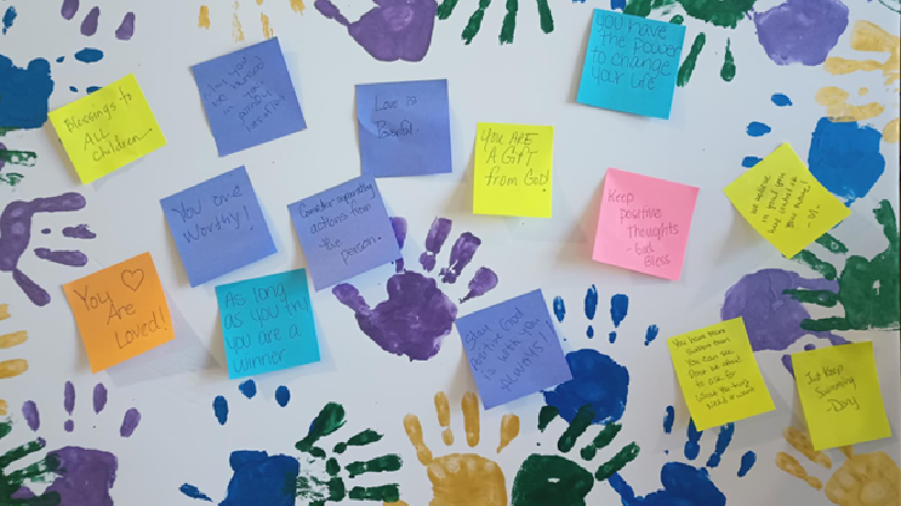 Information about the takeaways from the impact of parental incarceration on children. The image contains the panel, coordinator, collage of sticky notes left by some participants, and an Always Parenting Frame